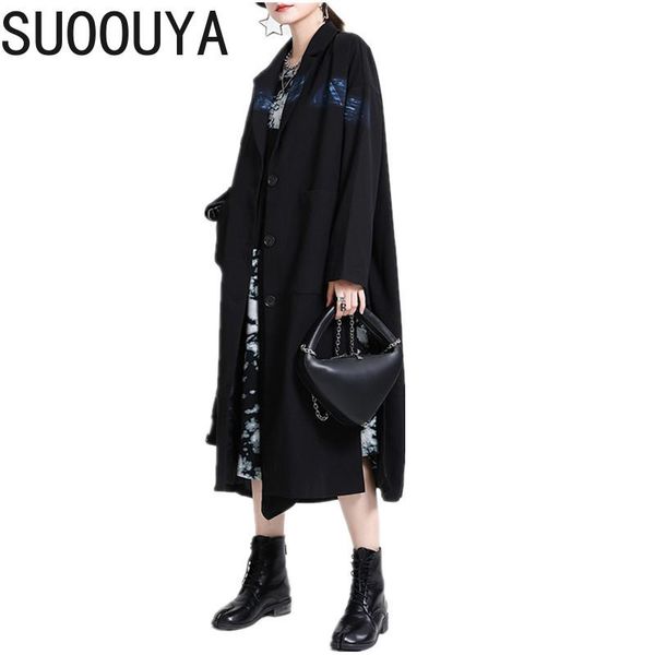 

suoouya] women print pattern big pockets loose blazer new notched collar long sleeve jacket fashion tide spring autumn 2021, White;black