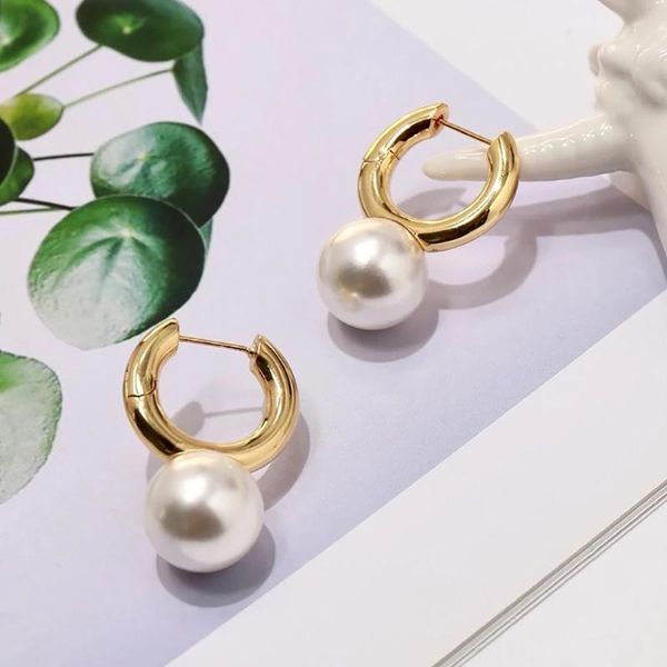 

hoop & huggie ghidbk gold color big imitation pearls circle earrings for women minimalist round earring wedding brides jewelry, Golden;silver