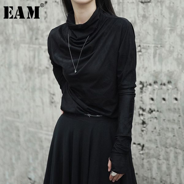 

[eam] 2021new spring summer black irregular turtleneck long gloves sleeves slim bottoming shirt women fashion tide wild la918 210302, White