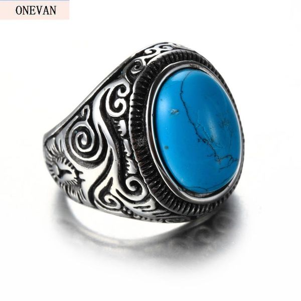 

wedding rings onevan stainless steel men's retro sapphire titanium ring in europe and america, Slivery;golden