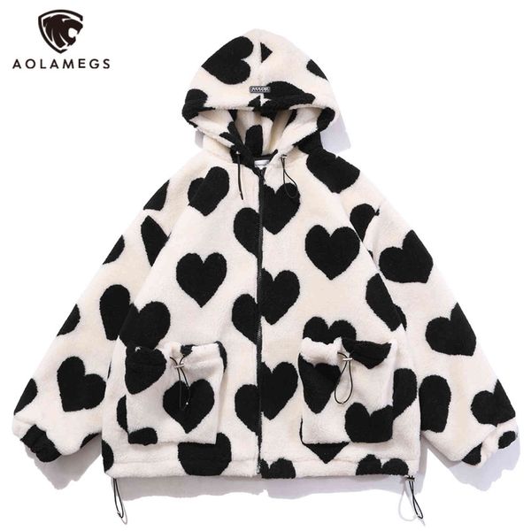 

aolamegs cute heart-shaped print lambswool winter et men drawstring pockets zipper hooded high street warm couple streetwear, Black