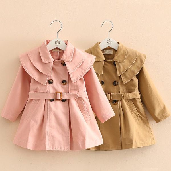 

coat 2021 kids girls solid color trench coats fashion korean style double-breasted lapel long sleeve outerwear ruffle 2-7y, Blue;gray