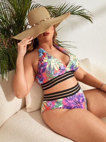 

plus tropical print contrast tape bikini swimsuit i4fp#, Black