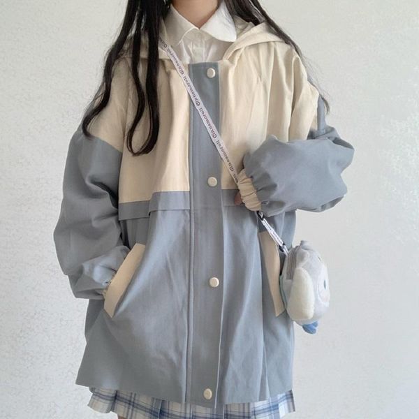 

women's jackets oversized kawaii coats spring loose casual fashion women jacket harajuku stitching outerwear preppy style hooded, Black;brown