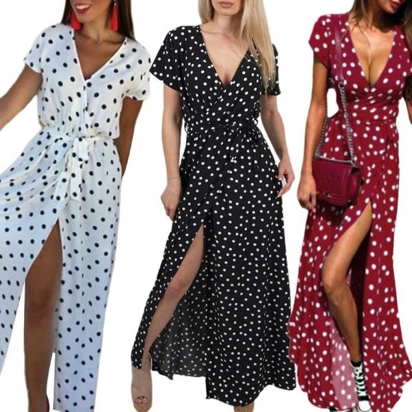 

party dresses 40gc ladies wrap deep v-neck short sleeve vintage polka dot maxi long dress belted high split front evening beach, White;black