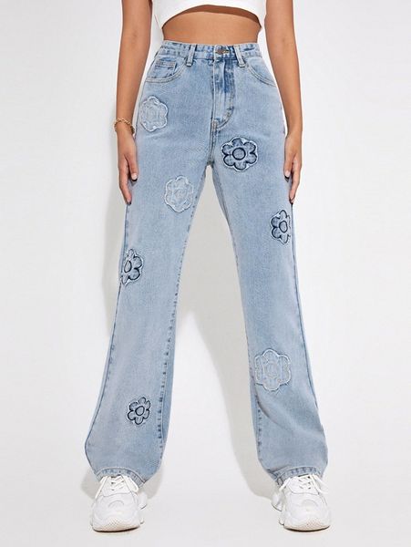 

floral patched high waist jeans r7gs#, Blue