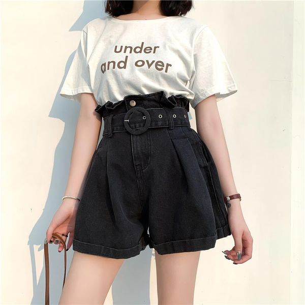 

women's shorts 2021 summer casual black denim belt bag high tail lose female width leg jeans streetwear floors, White;black