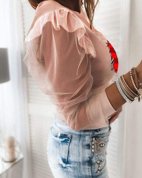 

women christmas tree print sheer mesh long sleeve top, White