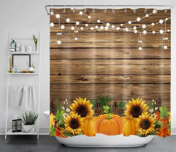 

shower curtains autumn farmhouse harvest pumpkin sunflowers rustic wood planks waterproof fabric bathroom curtain with hooks