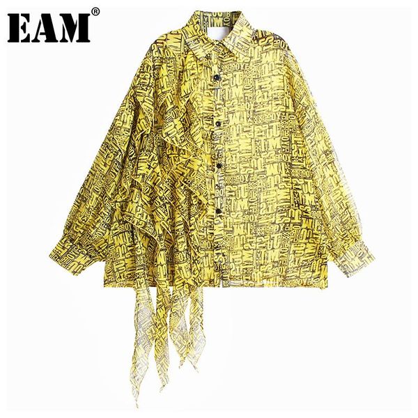 

women's blouses & shirts [eam] women asymmetrical letter print big size blouse lapel long sleeve loose fit shirt fashion spring autumn, White