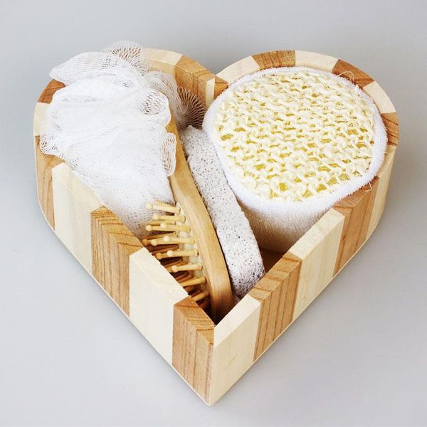 

bath brushes, sponges & scrubbers heart shaped spa set - 4 piece wooden shower massage equipment