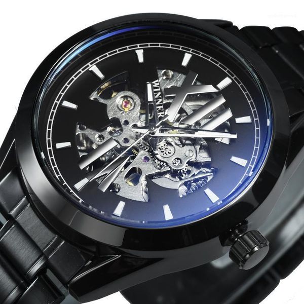 

winner blue light glass automatic watch black mens watches luminous stainless steel mechanical clock wristwatches, Slivery;brown
