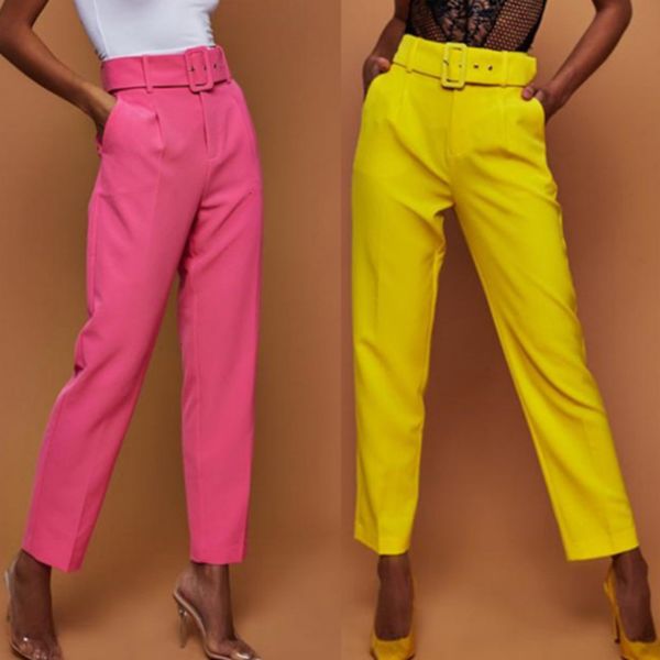 

2021 new autumn high waist casual fashion straight pockets office lady trousers streetwear women belt pants 9epc, Black;white