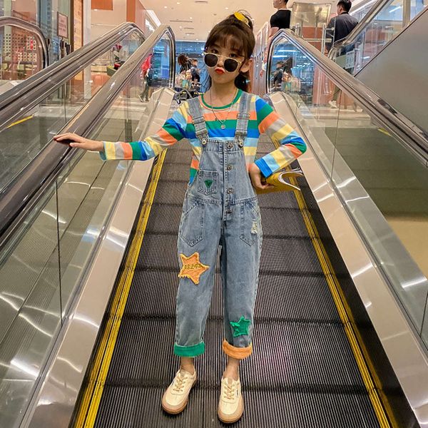 

spring new product 2021 girls' middle and large children's denim suspenders color striped sweater two piece suit, Blue