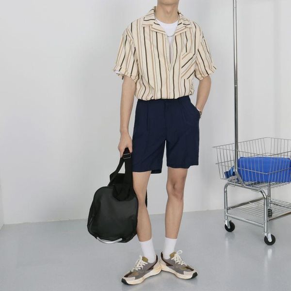 

men's casual shirts cuban collar sshirts for men fashion retro short sleeve lazy vertical striped shirt summer design sense niche, White;black