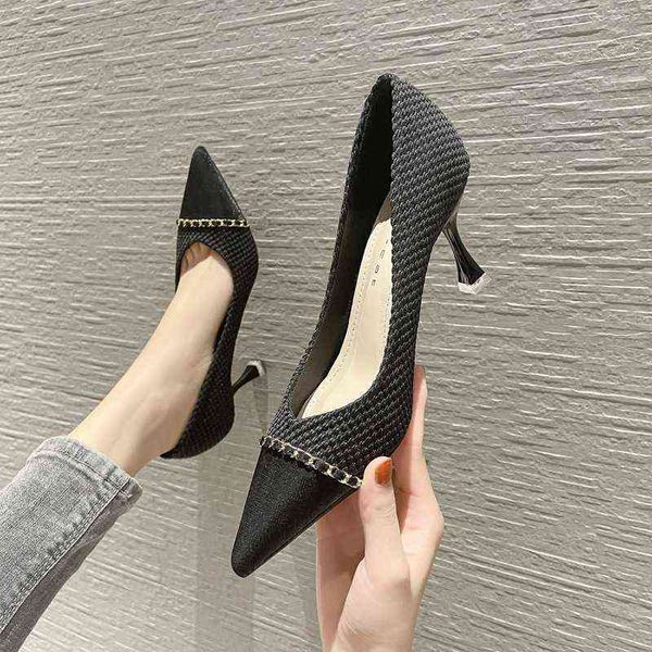 

dress shoes high heels 76011 high women's 2022 summer woven cloth metal chain splicing pointed shallow mouth thin heel shoes, Black