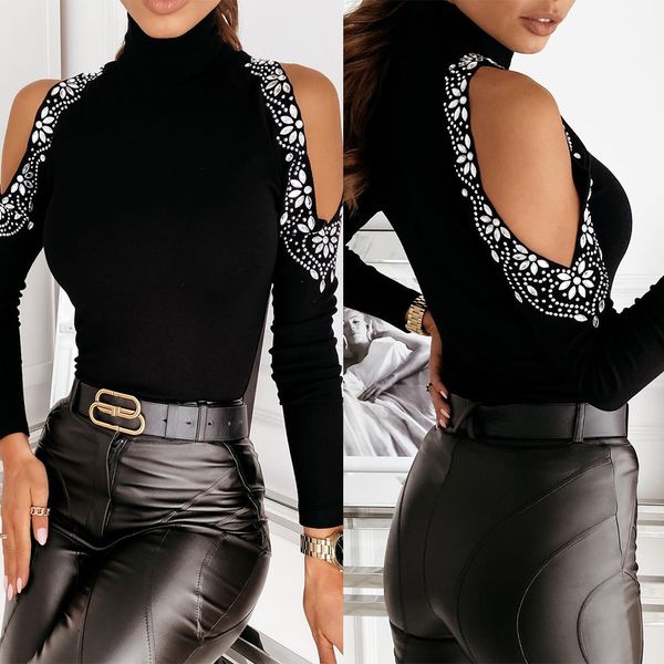 

winter turtleneck t-shirts women drilling tee shirts off shoulder slim knitted tee female hollow out tshirts d25 210302, White