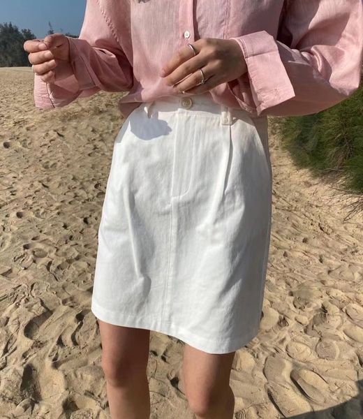 

2021 new summer white cotton mini high waist a-line skirts solid color back pockets casual fidm, Black