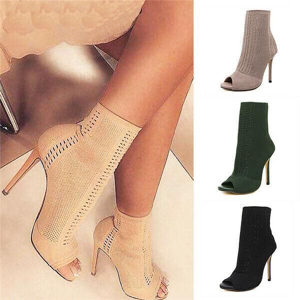 

dress shoes ladies hollow-out knit sock ankle boots womens peep toe pull on stiletto, Black
