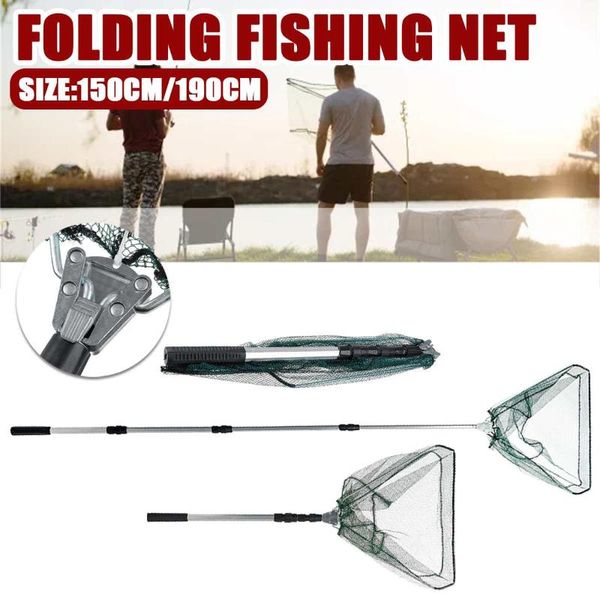 

190cm 150cm aluminum landing net folding fishing pole extending carp sea mesh fishing net for
