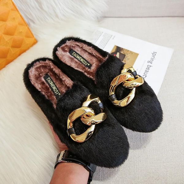 

slippers big metal chain fur women 2021 fleeces mules winter shoes woman cover toe plush thicken soled slides plus size 34-43, Black