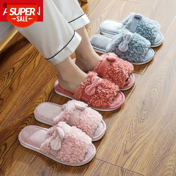 

asifn winter fur slippers women fur slides cotton ladies house indoor soft bottom non-slip home bow slippers zapatos de mujer #th6j, Black