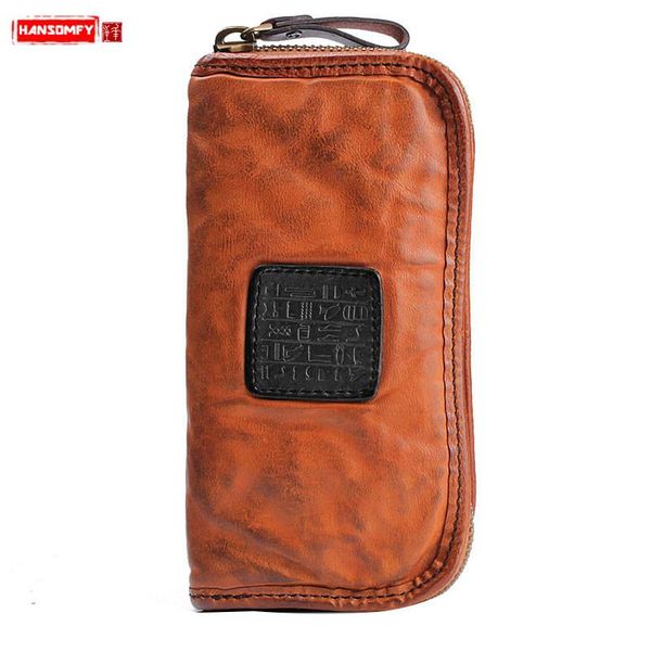 

men long wallet retro pleated multi-card male clutch bag leather large capacity zipper mobile phone bag handmade genuine leather, Red;black