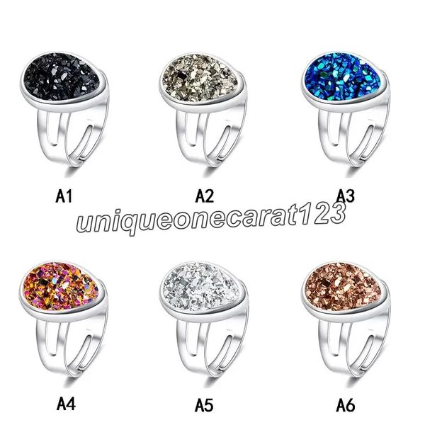 

6 color luxury druzy ring water drop heart square shape healing natural drusy stone designer rings for women fashion jewelry gift, Silver