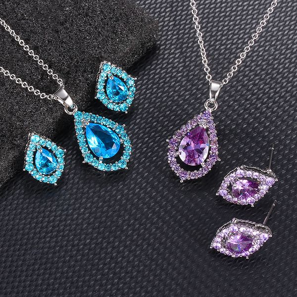 Iced Out Halskette Ohrringe Sets Zirkonia Kristall Strass Wassertropfen Anhänger Hochzeitsschmuck Set für Frauen Mädchen Braut Brautjungfern