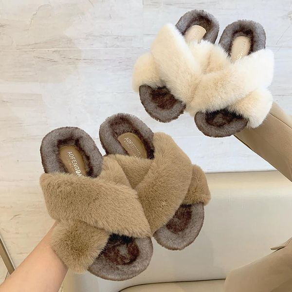 

slippers 2021 fashion winter women house faux fur warm flat shoes female slip on home furry flats ladies deal, Black