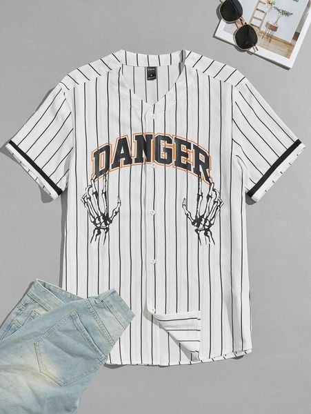 

men pinstriped skeleton finger and letter graphic shirt e44h#, White;black