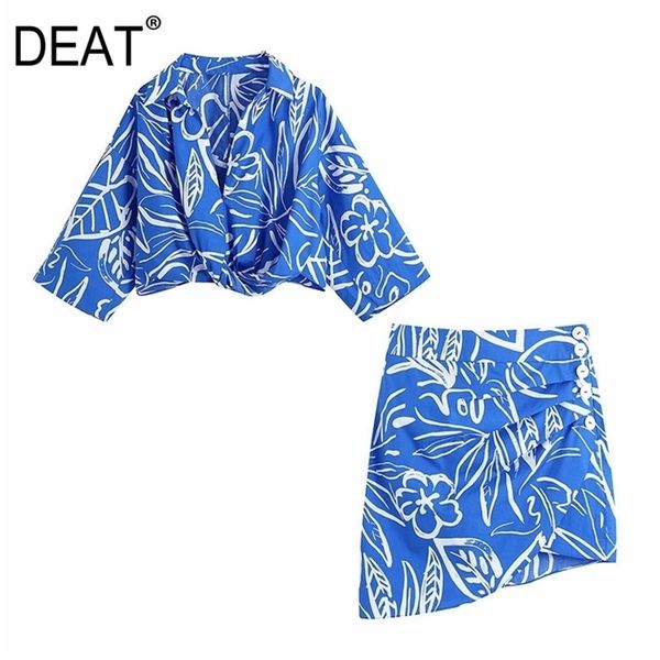 

[deat] summer fashion turn-down collar long sleeve printing shirt asymmetry skirts womentwo-piece suit 13q367 210527, White