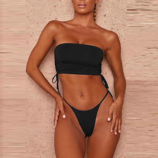 

2021 women swimwear tube solid bandage two-piece swimsuit bikini popular high waist swimming beachwear female swimwear, White;black