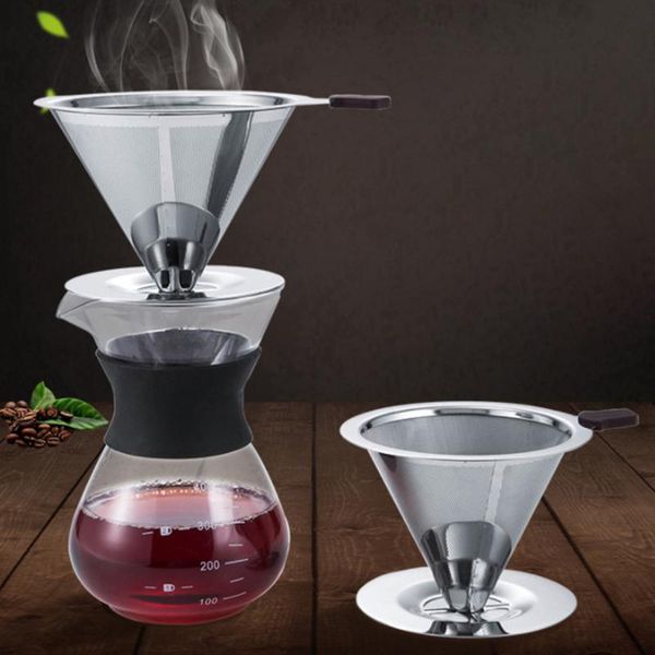 

coffee filters reusable filter 304 stainless steel cone baskets mesh strainer pour over dripper with stand holder