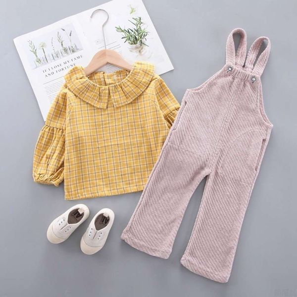 

girls' versatile strap pants wear korean version lapel plaid shirt long sleeve children's suit two piece set, Blue