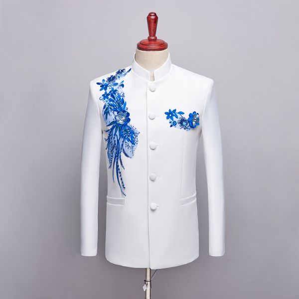 

chinese tunic suit applique embroidered blazer slim mens suit stage male singer chorus performance costume host wedding suits, Black;red