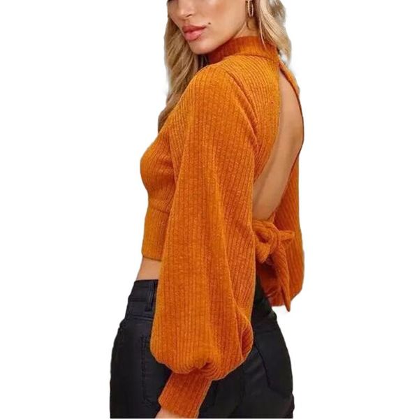 

women shirts solid color female elegant 2021 lantern long sleeve open back slim fit spring clothing tees t-shirts, White