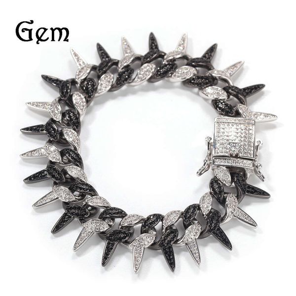 

hip hop punk style bracelet men's and women's personality 19mm thorn inlaid diamond big cuba chain jewelry, Silver