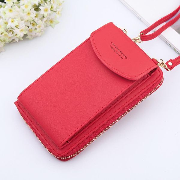 

women wallet solid leather shoulder straps bag mobile phone big card holders handbag pockets girls, Red;black