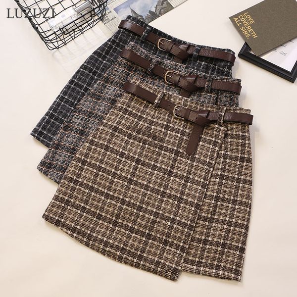 

2021 irregular fashion lining mini plaid women's spring new korean vintage high waist a-line skirt sashes m000, Black