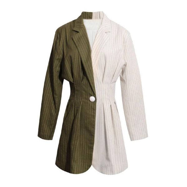 

women's suits & blazers 2021 autumn color matching stripe long girdling women blazer coat tailored collar patchwork button pocket lady, White;black