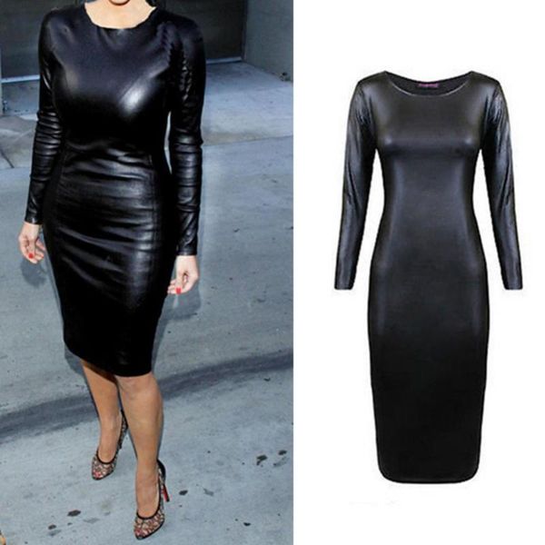 

casual dresses women fashion long sleeve round neck faux leather dress slim party package hips ladies, Black;gray