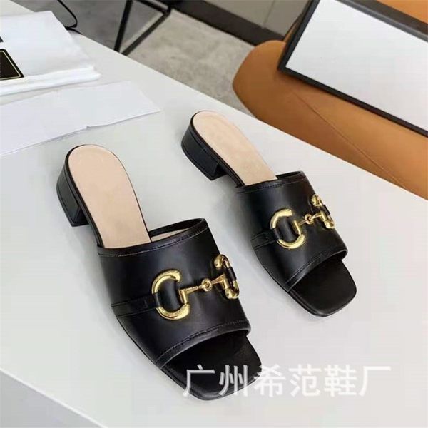 

021 mid thick with one character star net red the same casual open toe super soft square head horse clasp cool drag luxurysss desi yw, Black