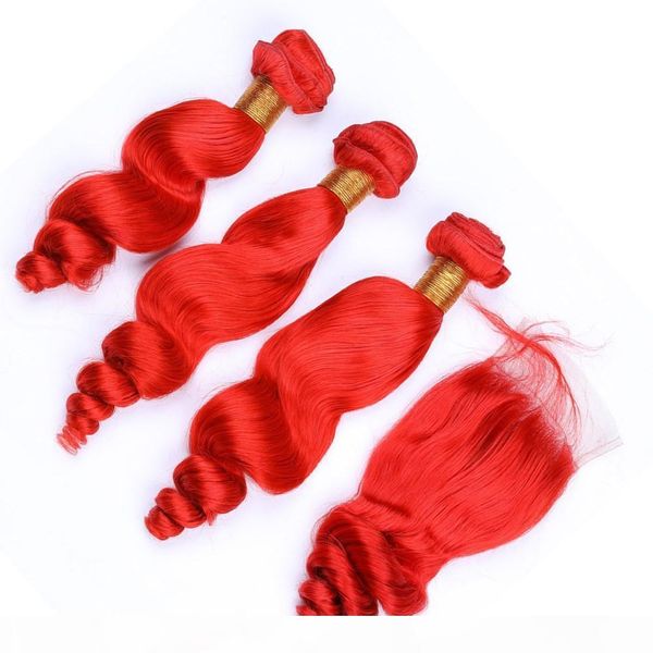 

loose wave wavy peruvian virgin human hair bright red weave bundles with closure 4pcs lot red colored hair wefts with 4x4 lace closure, Black;brown