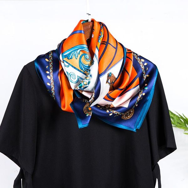 

scarves fashion pumpkin carriage printed 100% mulberry silk satin 90*90cm shawl wrap small muslim wedding precious present women, Blue;gray