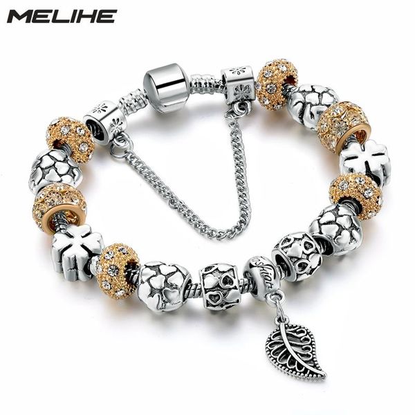 

charm bracelets melihe leaf bracelet women 2021 silver plated beads bangles crystal diy jewelry sbr160148, Golden;silver