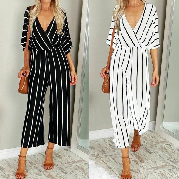 

women's jumpsuits & rompers women short sleeve summer jumpsuit s-3xl deep v-neck striped loose baggy overalls wide leg pants romper plu, Black;white