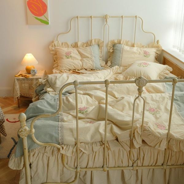 

bedding sets luxury washed cotton for kids girls  king size duvet cover bed skirt set pillowcase flowers embroidered linens