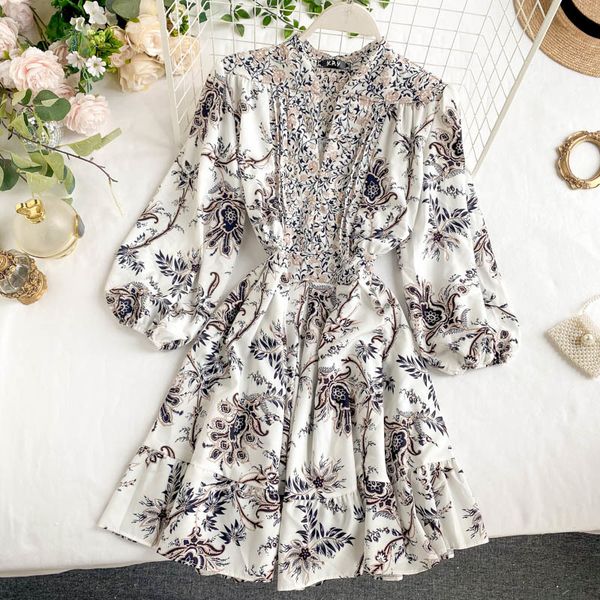 

2021 spring autumn vintage ruffles women fashion v neck slim a-line bodycon es ladies floral print vestidos ua9a, Black;gray