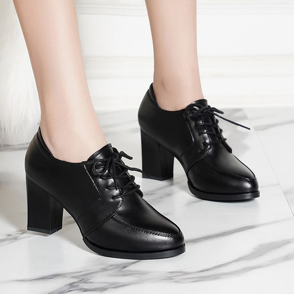 

2021 new solid black pu leather pumps women autumn fashion high heeled office shoes woman square heel lace up shoes mujerdress shoes